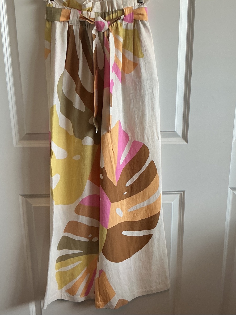 Coco + Carmen Cream Wide Leg Pants with Pink, Yellow & Brown Tropical Print